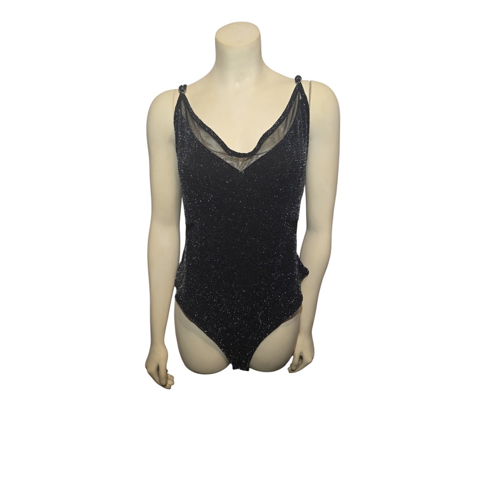 Forever 21 Bodysuit Womens 3X Black Silver Glitter Mesh V-Neck Metallic Glam